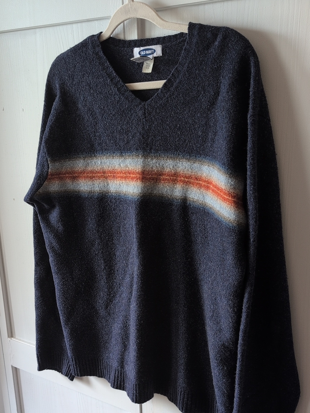 Vintage Y2K Old Navy 100% Lambswool Striped Long sleeve V-neck Sweater Size XL